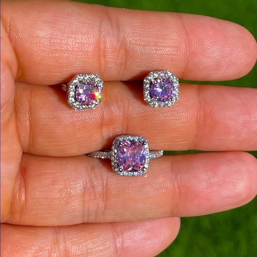 Sterling Silver Set Engagement Ring, Stud Earrings